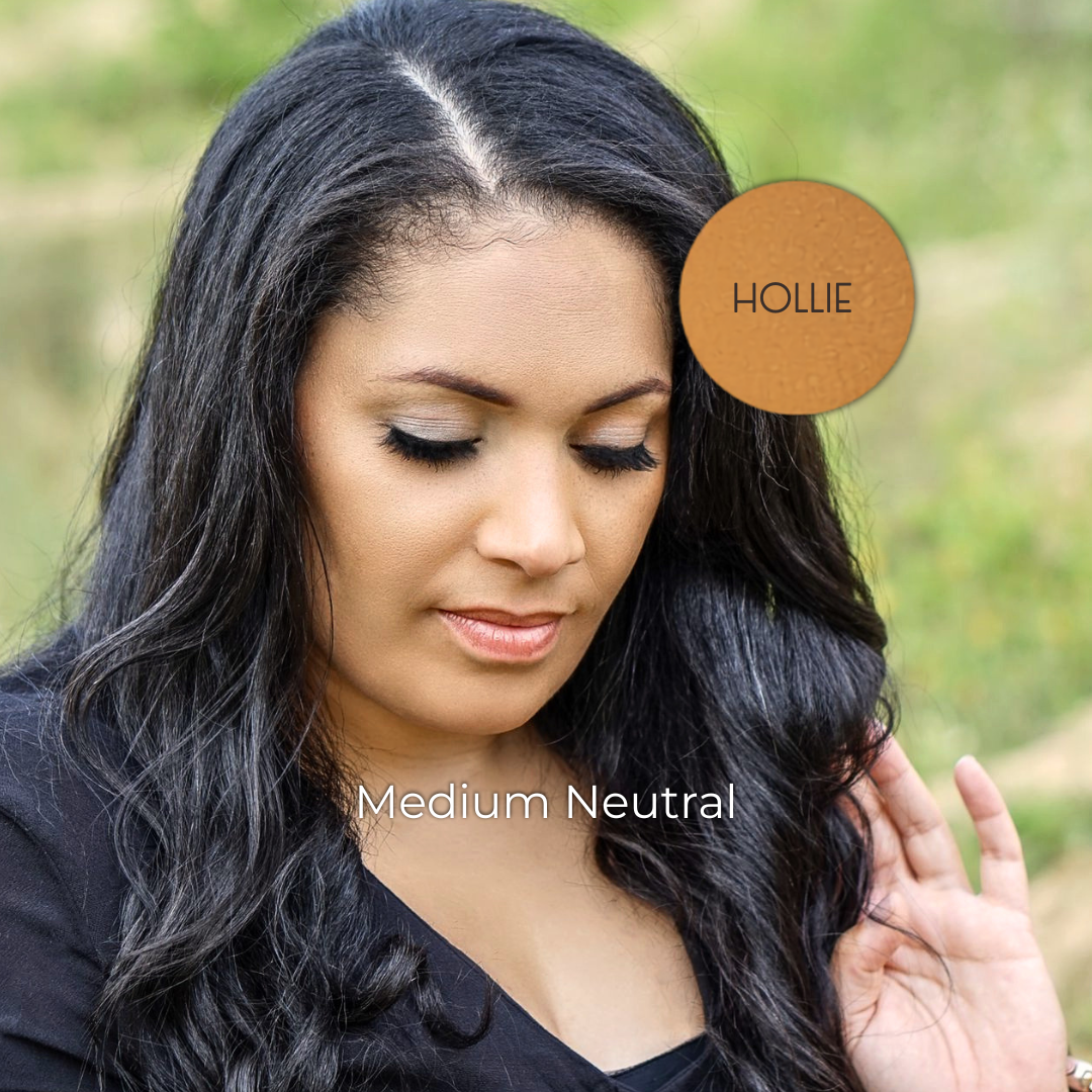"Deep skin model wearing caramel vegan mineral foundation"