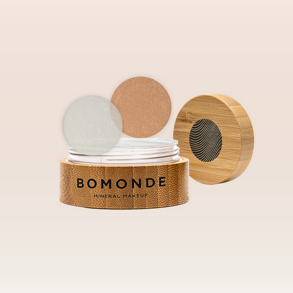 "Swatch of vegan highlighter showing glow on skin"