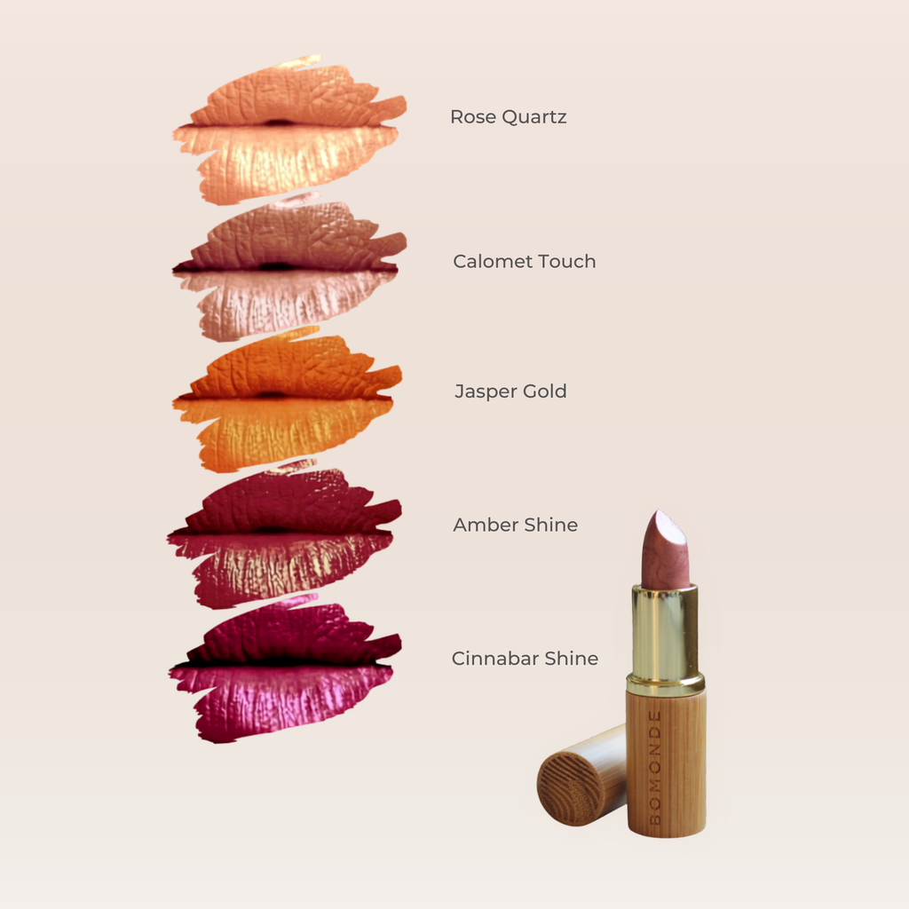"Swatch of vegan satin lipstick showing smooth texture and shades"