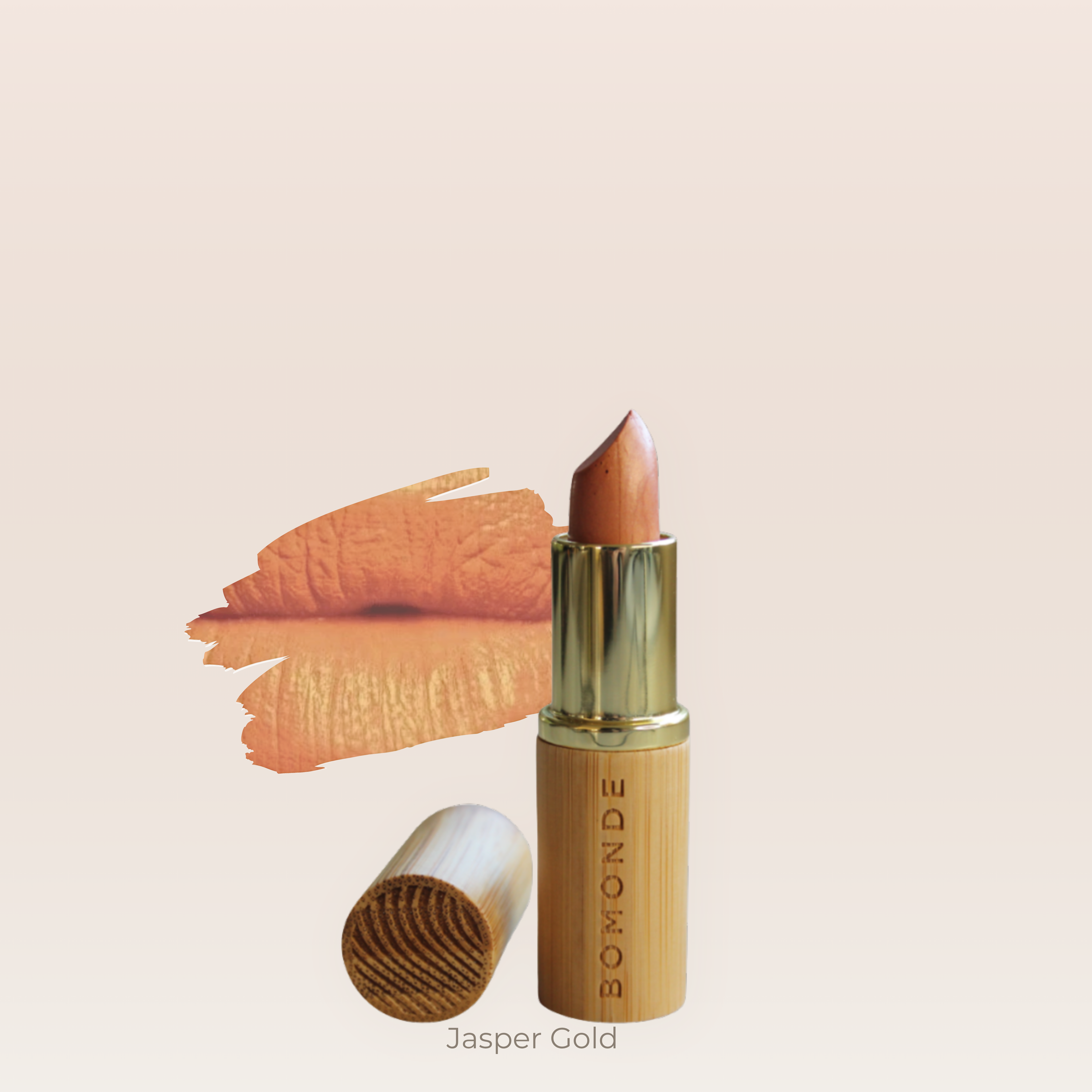 "Warm orange vegan satin lipstick shade with golden tone"